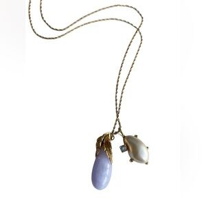 Vintage 14K Gold Lavender Jade & Cultured Pearl Necklace with Diamond Accent